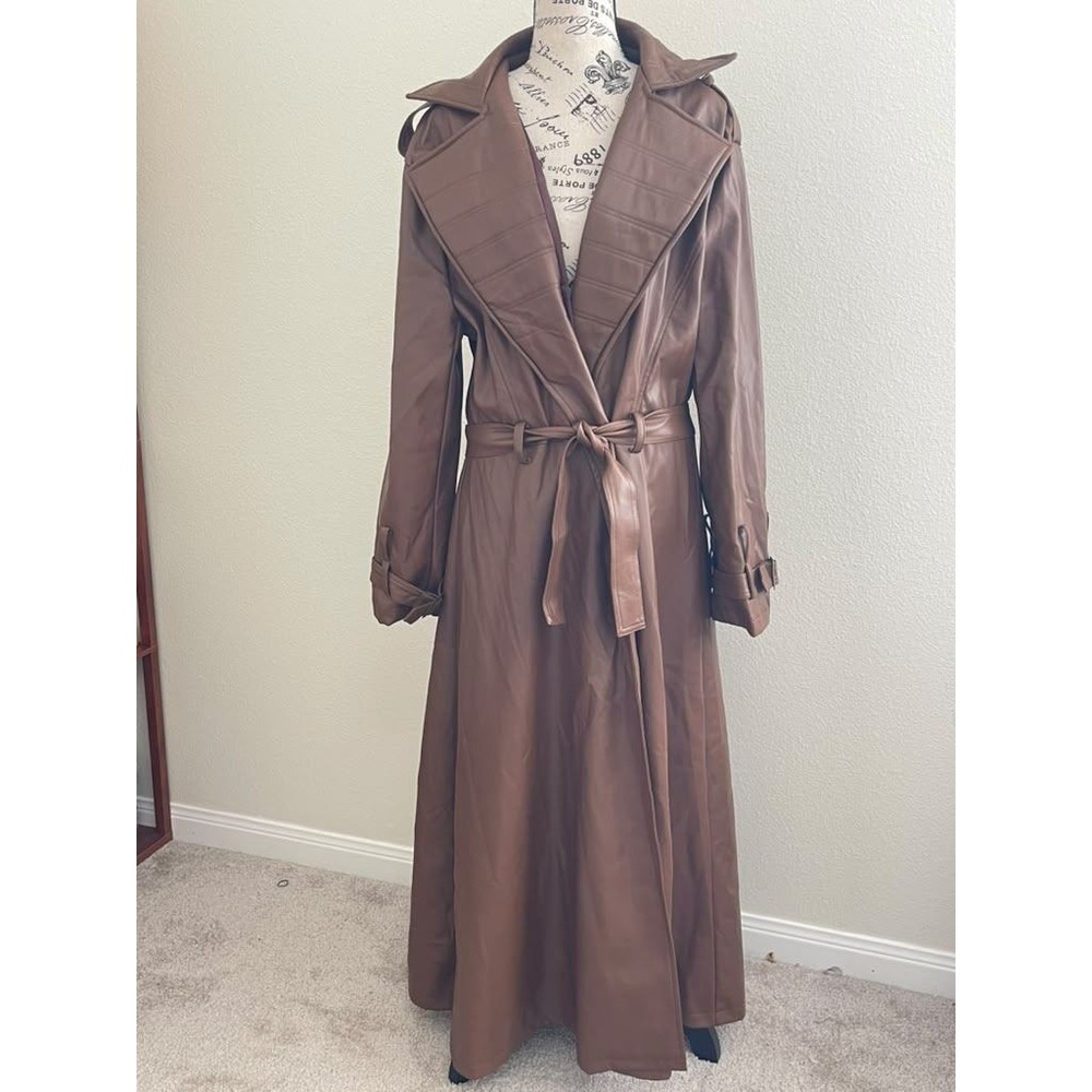 Brown Faux Leather Maxi Trench Coat Long Belted Jacket Wide Lapel Moto Matrix